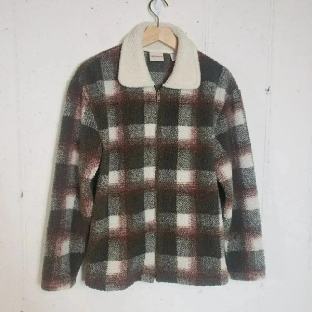 Crossroads S green & ivory plaid‎ cozy fleece jacket